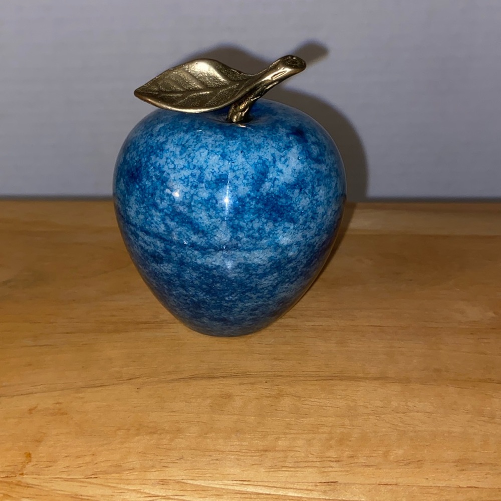 Marble apple paperweight blue marble and brass stem and leaf. 1960’s